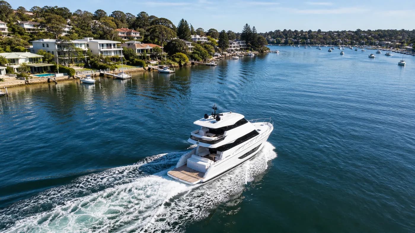 Luxury recreational vessel underway on open water